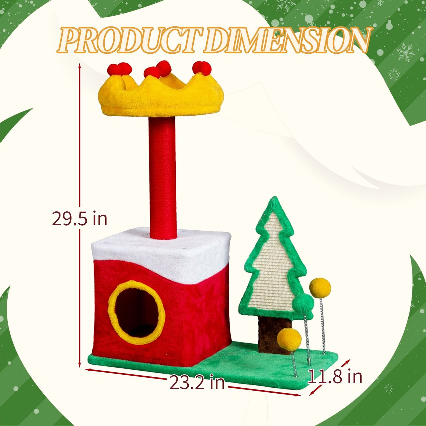 29.5in Christmas Themed Plush Cat Tree, Multi-level Cat Tower with Cat Condo, Top Crown Perch, Sisal Scratching Posts, Cat Pet Activity Center for Indoor Cats
