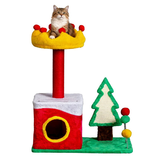 29.5in Christmas Themed Plush Cat Tree, Multi-level Cat Tower with Cat Condo, Top Crown Perch, Sisal Scratching Posts, Cat Pet Activity Center for Indoor Cats