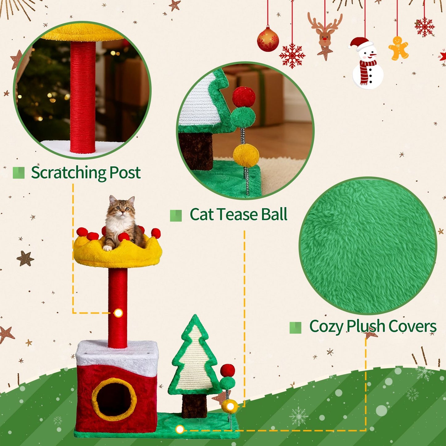 29.5in Christmas Themed Plush Cat Tree, Multi-level Cat Tower with Cat Condo, Top Crown Perch, Sisal Scratching Posts, Cat Pet Activity Center for Indoor Cats