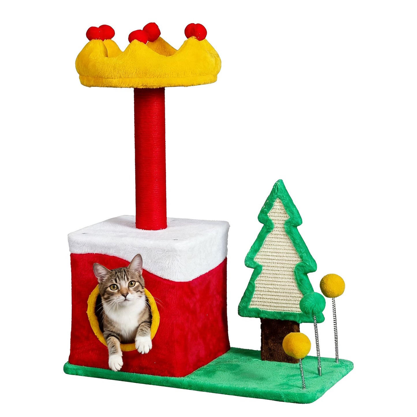 29.5in Christmas Themed Plush Cat Tree, Multi-level Cat Tower with Cat Condo, Top Crown Perch, Sisal Scratching Posts, Cat Pet Activity Center for Indoor Cats