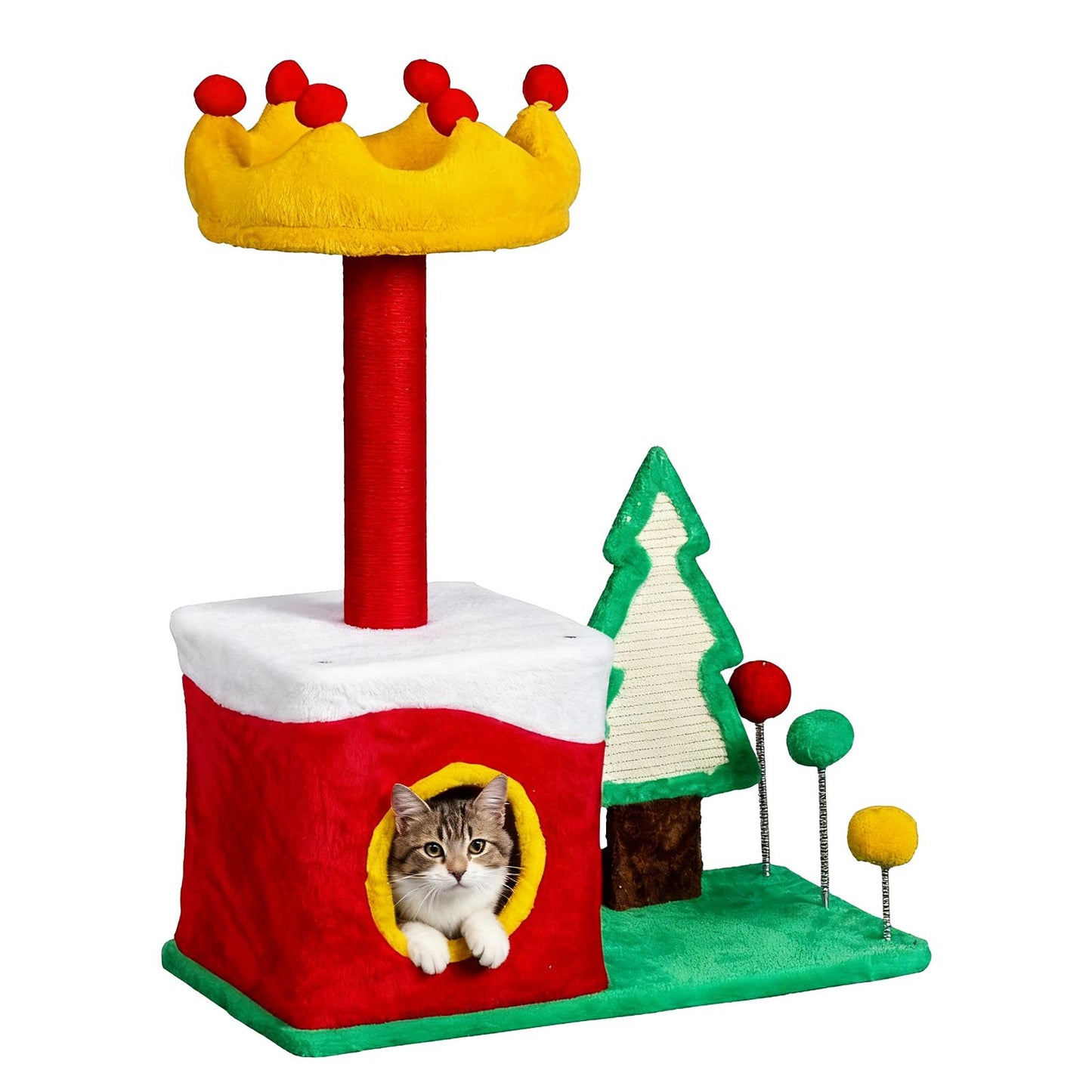 29.5in Christmas Themed Plush Cat Tree, Multi-level Cat Tower with Cat Condo, Top Crown Perch, Sisal Scratching Posts, Cat Pet Activity Center for Indoor Cats