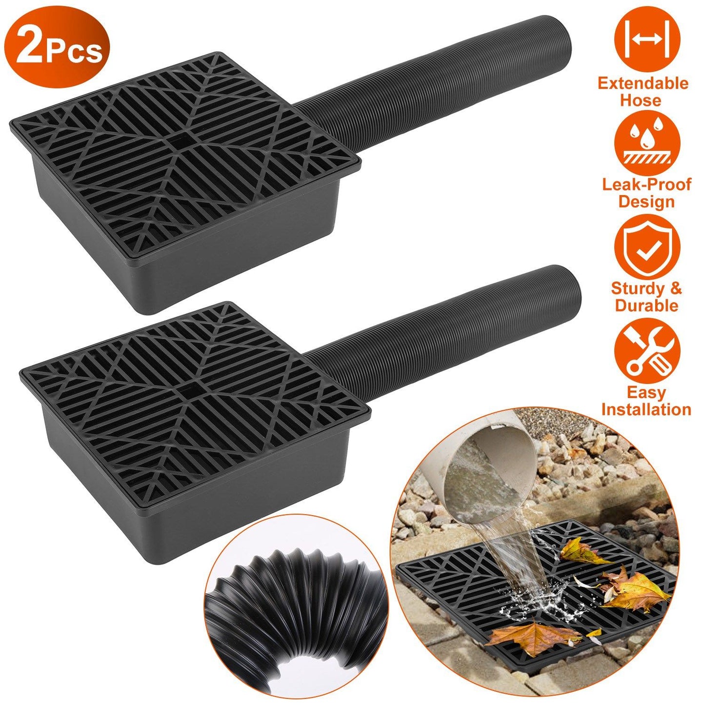 2Pcs 4.9FT Flexible Extendable Hose Gutter Downspout Extension Low Profile No Deep Digging Catch Basin Downspout Extender with  For House Foundation Protection
