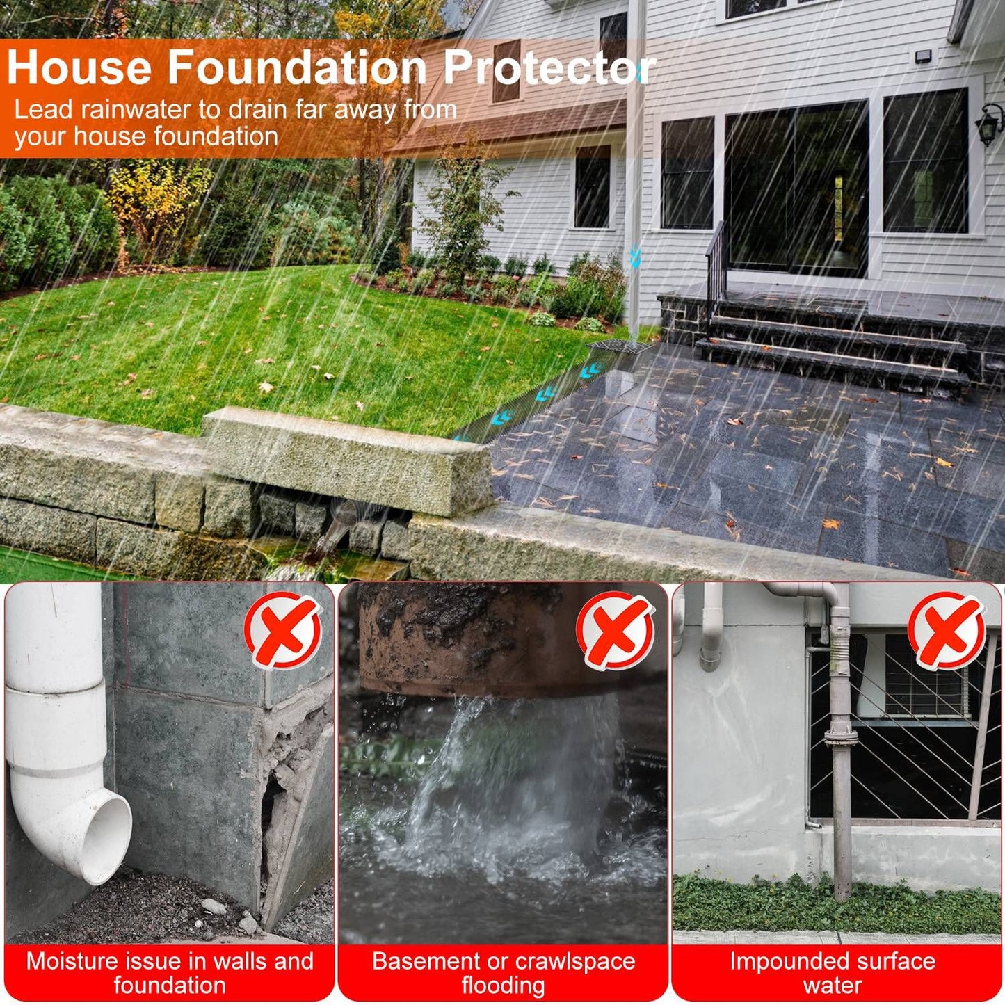 2Pcs 4.9FT Flexible Extendable Hose Gutter Downspout Extension Low Profile No Deep Digging Catch Basin Downspout Extender with  For House Foundation Protection