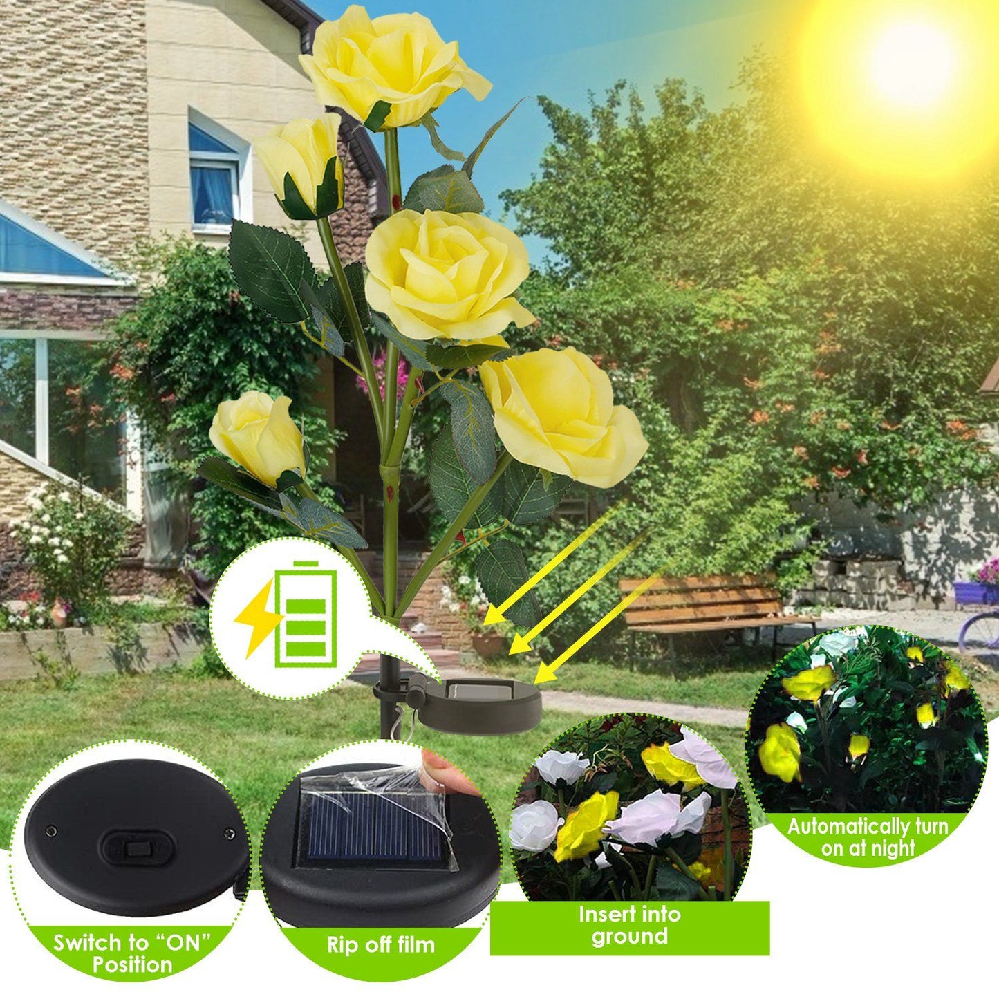 2Pcs Solar Powered Lights Outdoor Rose Flower LED Decorative Lamp Water Resistant Pathway Stake Lights For Garden Patio Yard Walkway