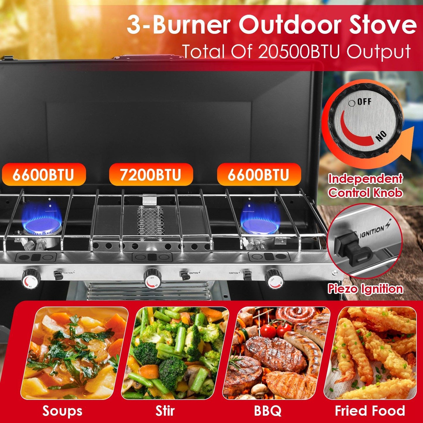 3-Burner Propane Camping Stove 20000 BTUs, Portable Camp Stove with 3 Adjustable Burners and Push-Button Instant Ignition, Portable Camping Grill, Built-in Carrying Handle