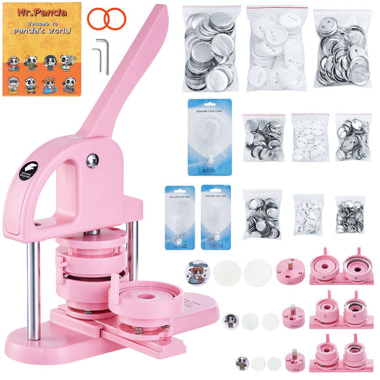 3-IN-1 Button Maker, 1/1.25/2.28 inch(25/32/58mm) Pin Maker, 300pcs Button Parts,Button Maker Machine with Panda Magic Book, Ergonomic Arc Handle Punch Press Kit, For Children DIY Gifts, Pink