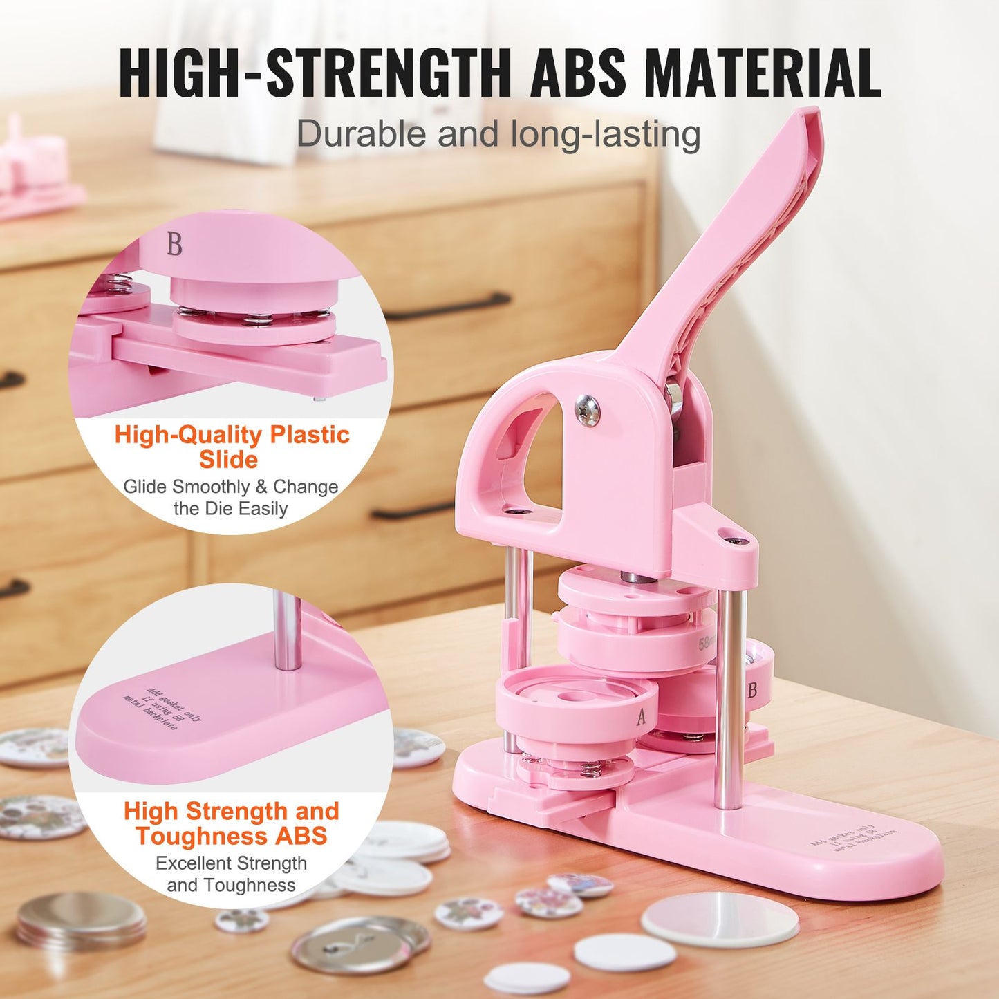 3-IN-1 Button Maker, 1/1.25/2.28 inch(25/32/58mm) Pin Maker, 300pcs Button Parts,Button Maker Machine with Panda Magic Book, Ergonomic Arc Handle Punch Press Kit, For Children DIY Gifts, Pink