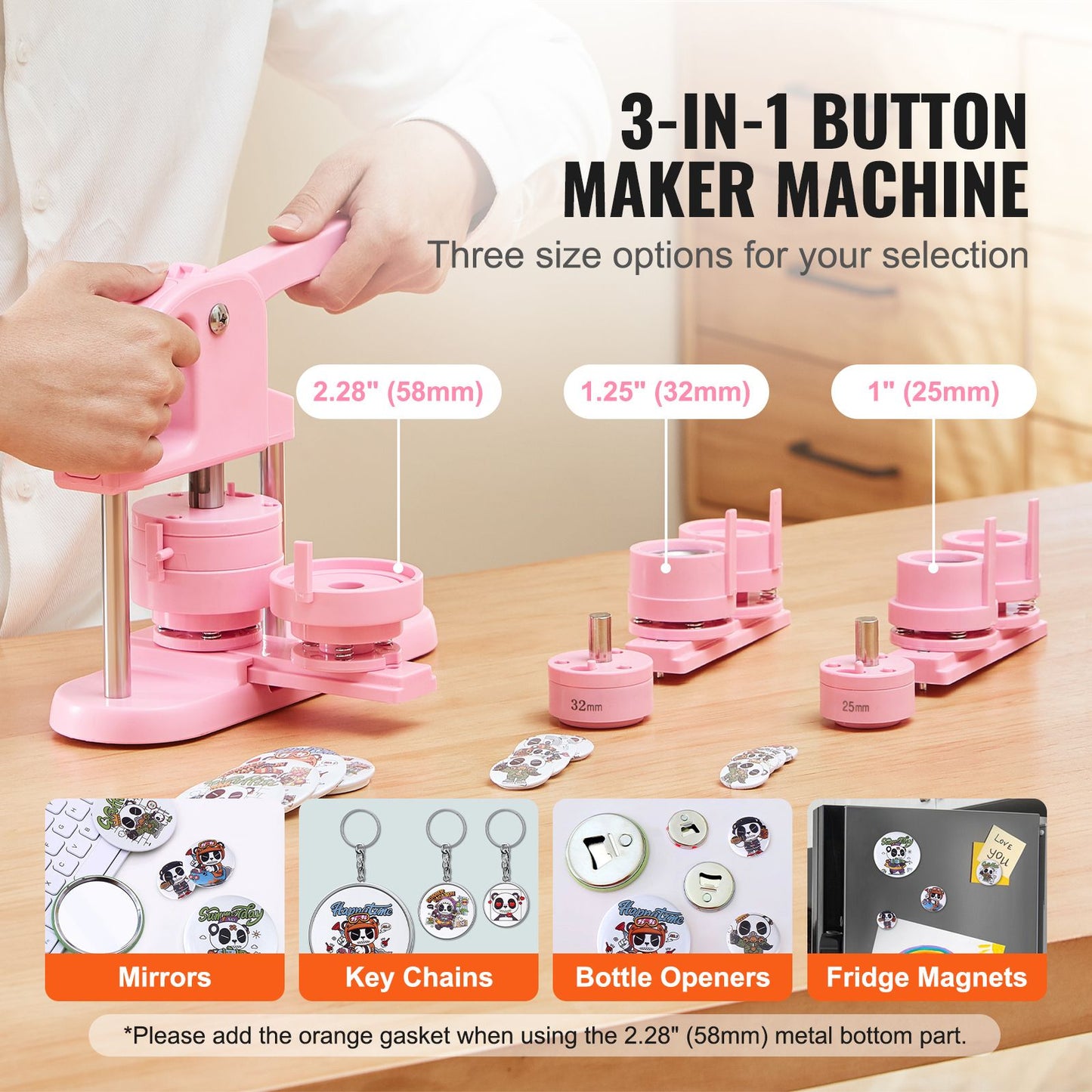 3-IN-1 Button Maker, 1/1.25/2.28 inch(25/32/58mm) Pin Maker, 300pcs Button Parts,Button Maker Machine with Panda Magic Book, Ergonomic Arc Handle Punch Press Kit, For Children DIY Gifts, Pink