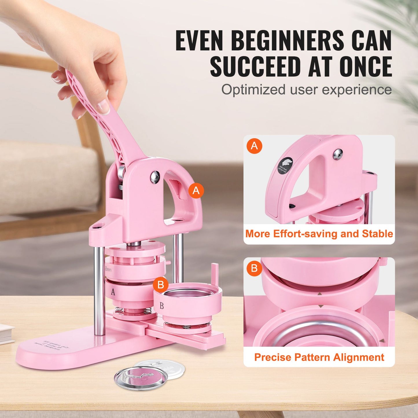 3-IN-1 Button Maker, 1/1.25/2.28 inch(25/32/58mm) Pin Maker, 300pcs Button Parts,Button Maker Machine with Panda Magic Book, Ergonomic Arc Handle Punch Press Kit, For Children DIY Gifts, Pink