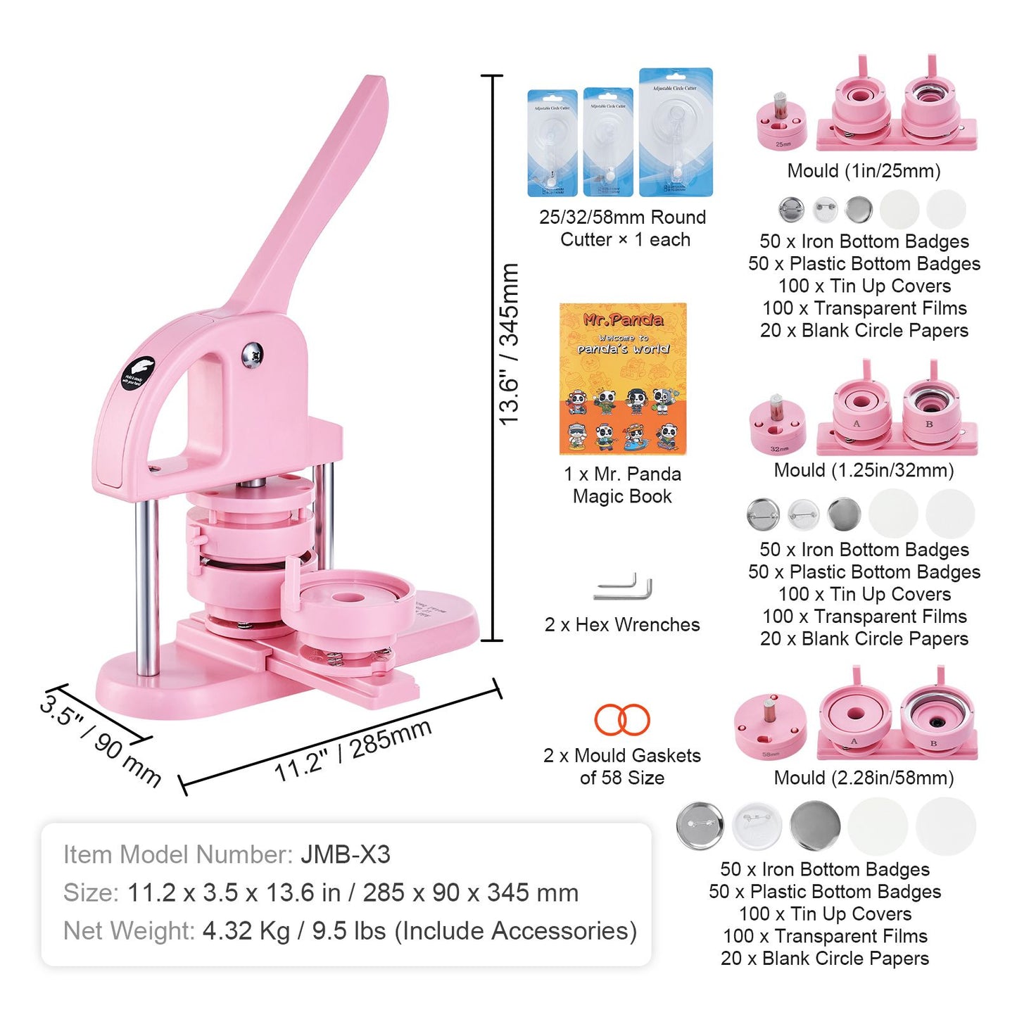3-IN-1 Button Maker, 1/1.25/2.28 inch(25/32/58mm) Pin Maker, 300pcs Button Parts,Button Maker Machine with Panda Magic Book, Ergonomic Arc Handle Punch Press Kit, For Children DIY Gifts, Pink