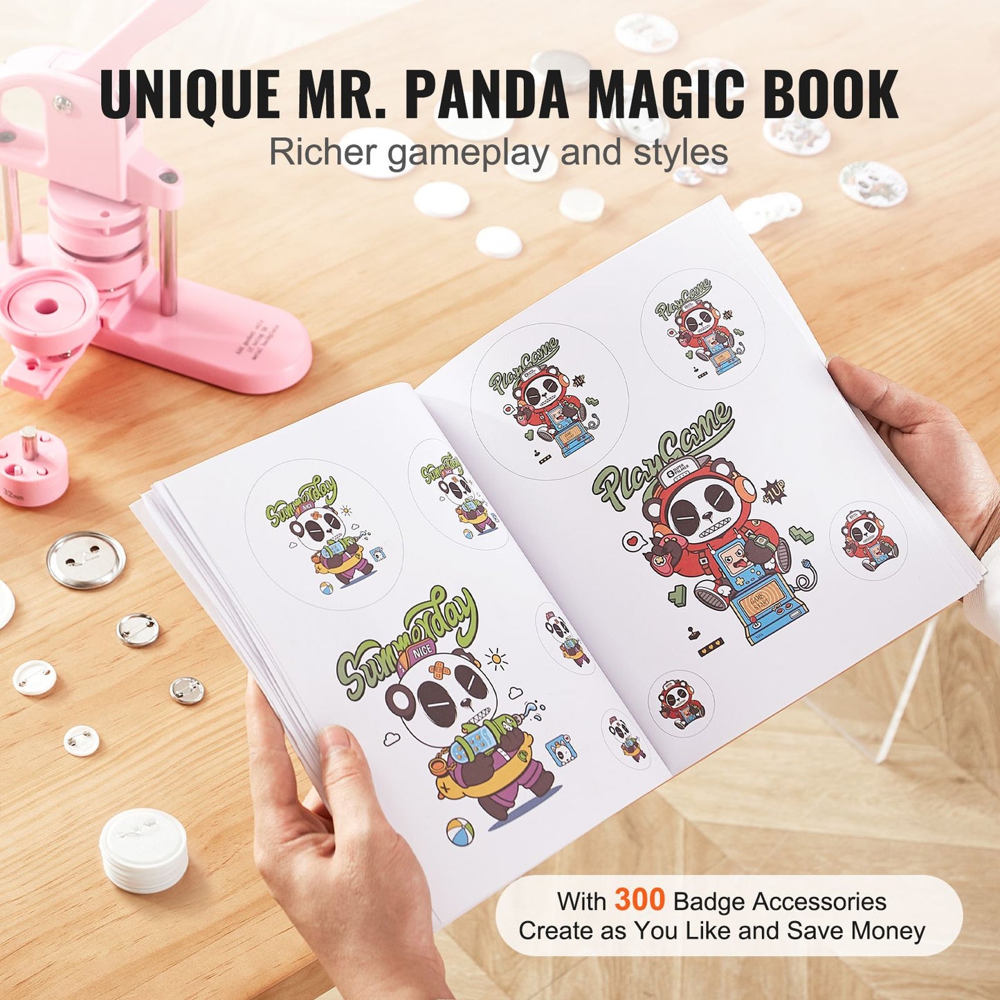 3-IN-1 Button Maker, 1/1.25/2.28 inch(25/32/58mm) Pin Maker, 300pcs Button Parts,Button Maker Machine with Panda Magic Book, Ergonomic Arc Handle Punch Press Kit, For Children DIY Gifts, Pink