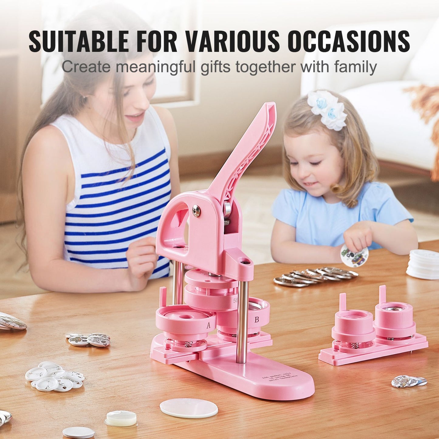 3-IN-1 Button Maker, 1/1.25/2.28 inch(25/32/58mm) Pin Maker, 300pcs Button Parts,Button Maker Machine with Panda Magic Book, Ergonomic Arc Handle Punch Press Kit, For Children DIY Gifts, Pink