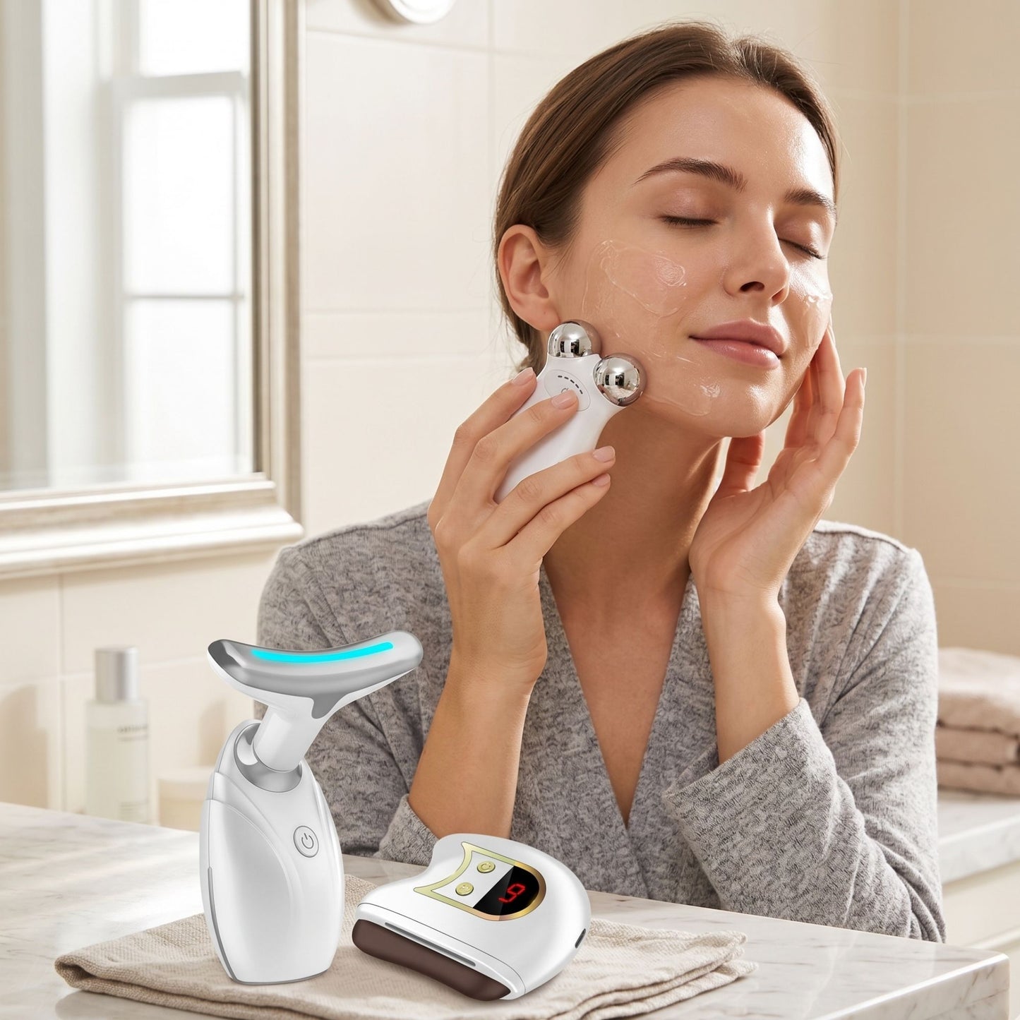 3-in-1 Facial Lift & Sculpt Toolkit: LED Therapy, Electric Gua Sha & Microcurrent Toning Device for Radiant Skin