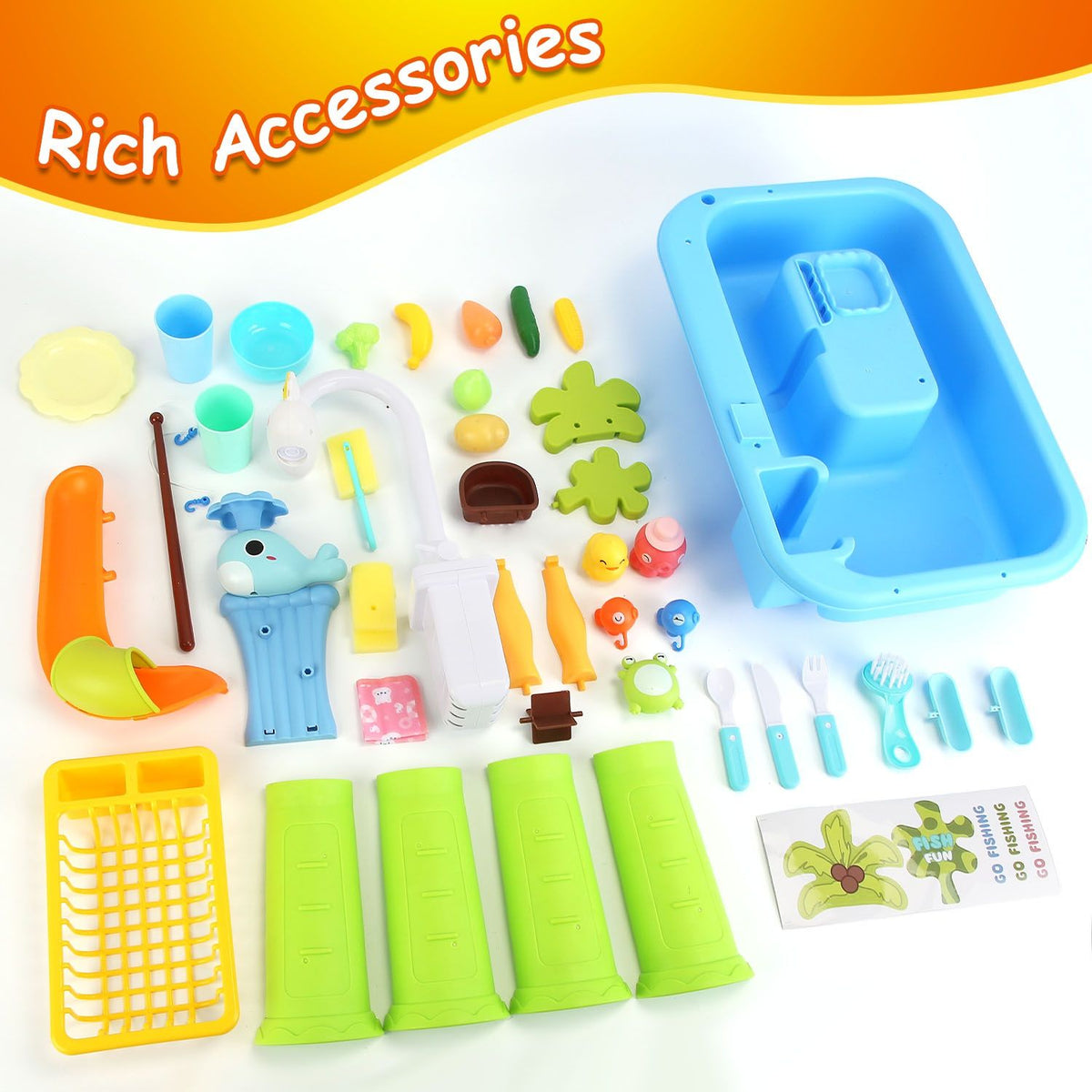 3 In 1 Kitchen Sink Toy with Electric Faucet Water Table Fishing Game Role Play Sink Set Indoor Outdoor for Kids Aged 3+ Years Old GPCT5464