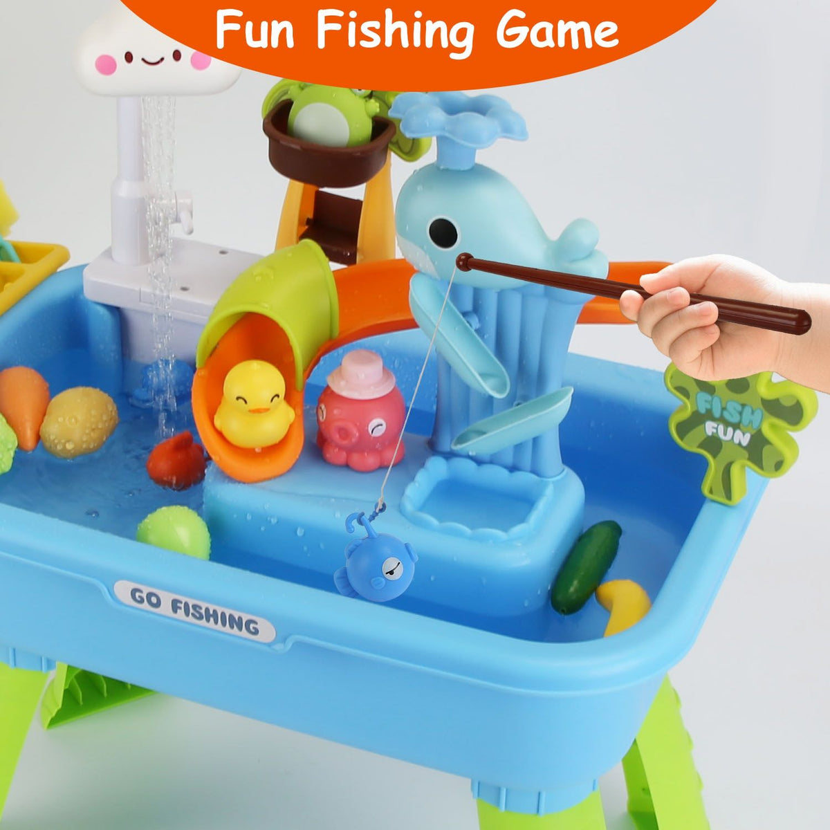 3 In 1 Kitchen Sink Toy with Electric Faucet Water Table Fishing Game Role Play Sink Set Indoor Outdoor for Kids Aged 3+ Years Old GPCT5464