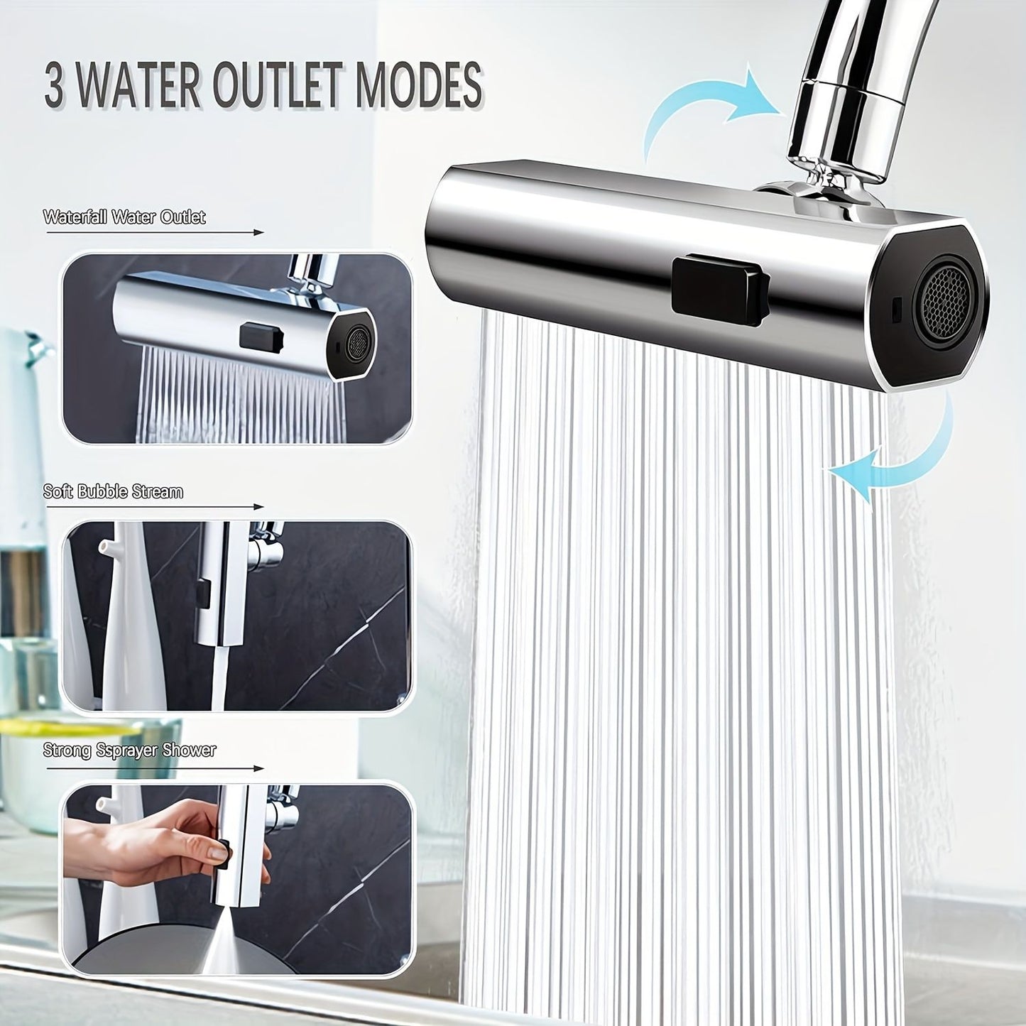 3 in 1 Large-Scale 360° Waterfall Kitchen Faucet - Touch-Controlled, Swivel Spout, Extender for Kitchen Sink, Vegetable and Fruit Washing - Zinc Alloy Construction, Chrome Finish, Contemporary Style