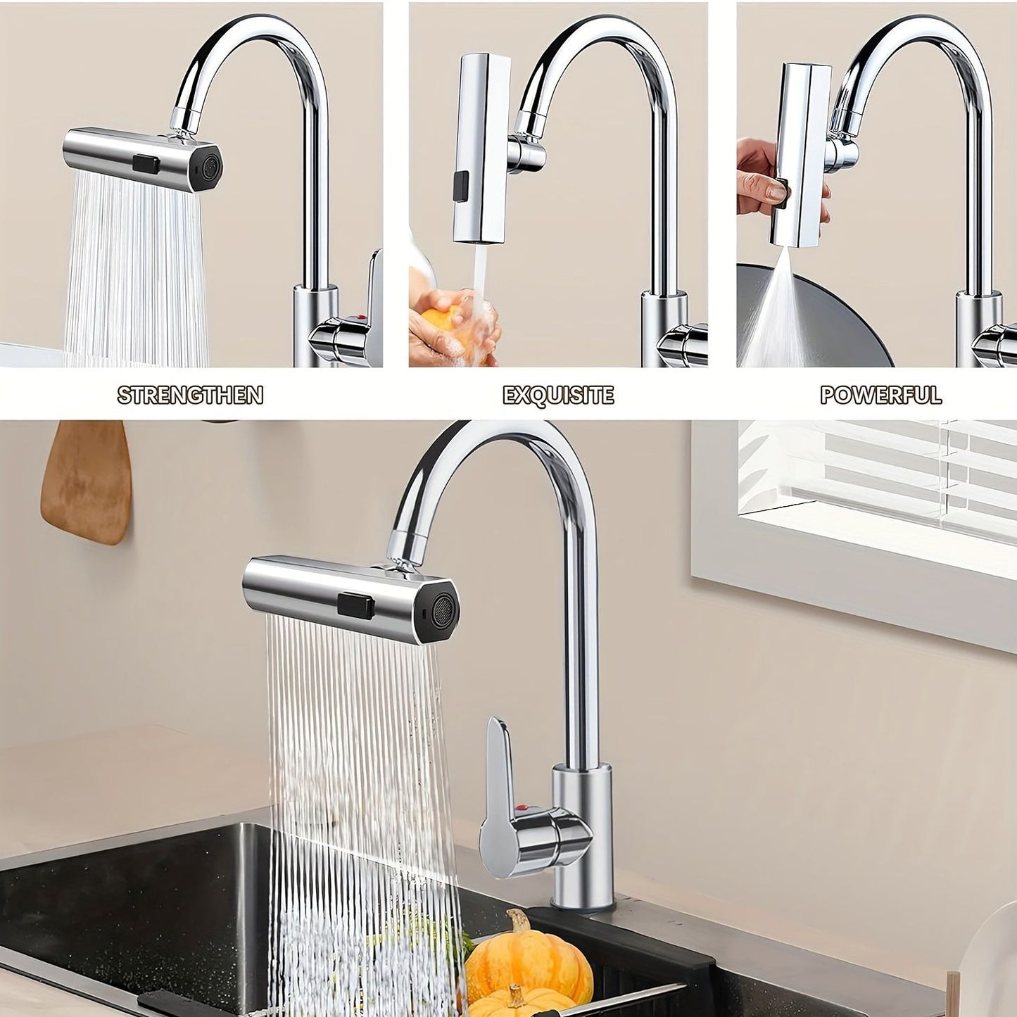 3 in 1 Large-Scale 360° Waterfall Kitchen Faucet - Touch-Controlled, Swivel Spout, Extender for Kitchen Sink, Vegetable and Fruit Washing - Zinc Alloy Construction, Chrome Finish, Contemporary Style