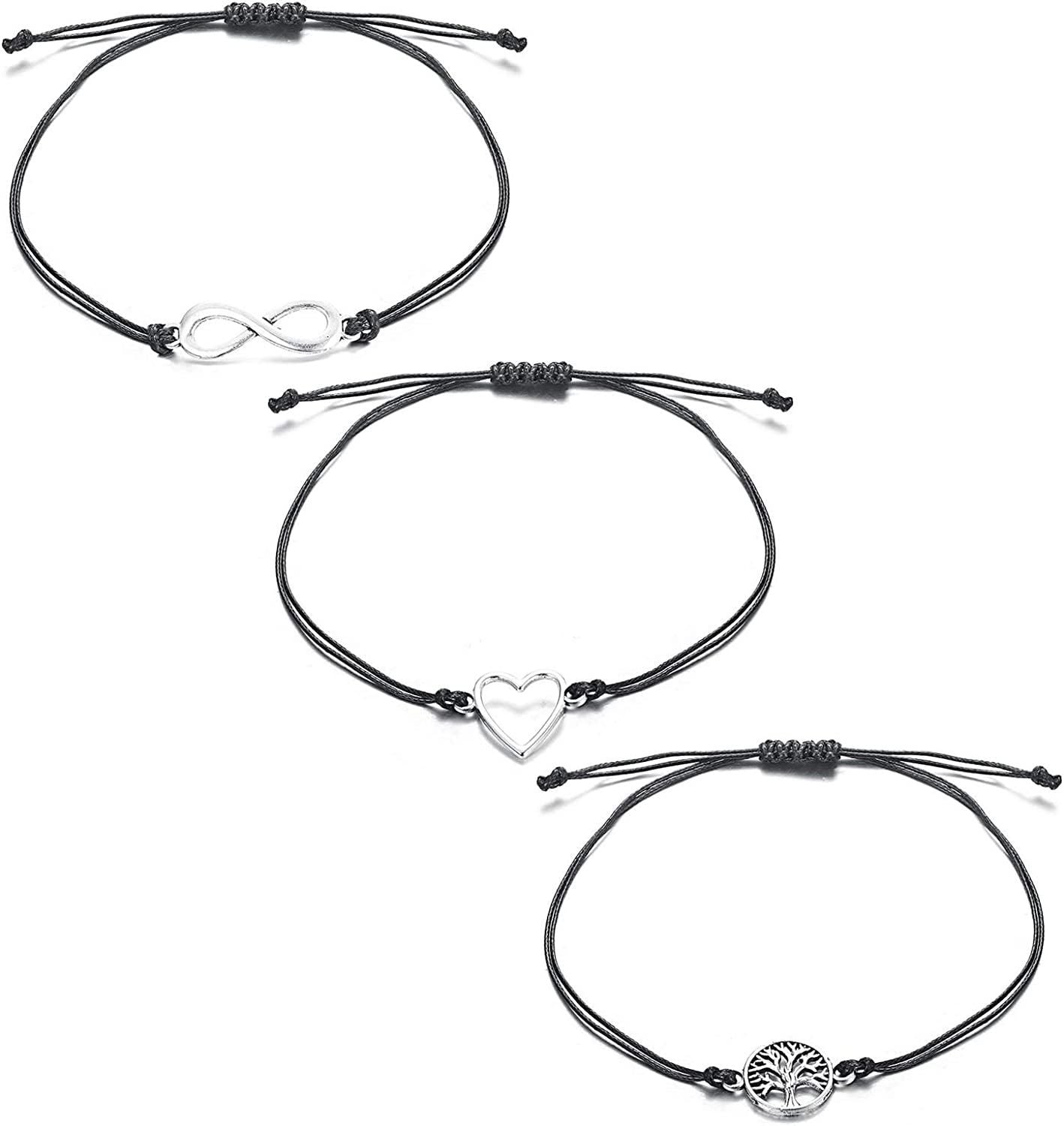 3 Pcs Wax Rope Bracelets for Men Women with Metal Pendant Tree of Life; Infinity Symbol; Heart Handmade Bracelets Adjustable Friendship Bracelet Graduation Gift