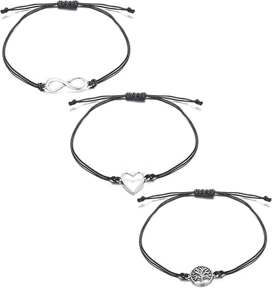 3 Pcs Wax Rope Bracelets for Men Women with Metal Pendant Tree of Life; Infinity Symbol; Heart Handmade Bracelets Adjustable Friendship Bracelet Graduation Gift