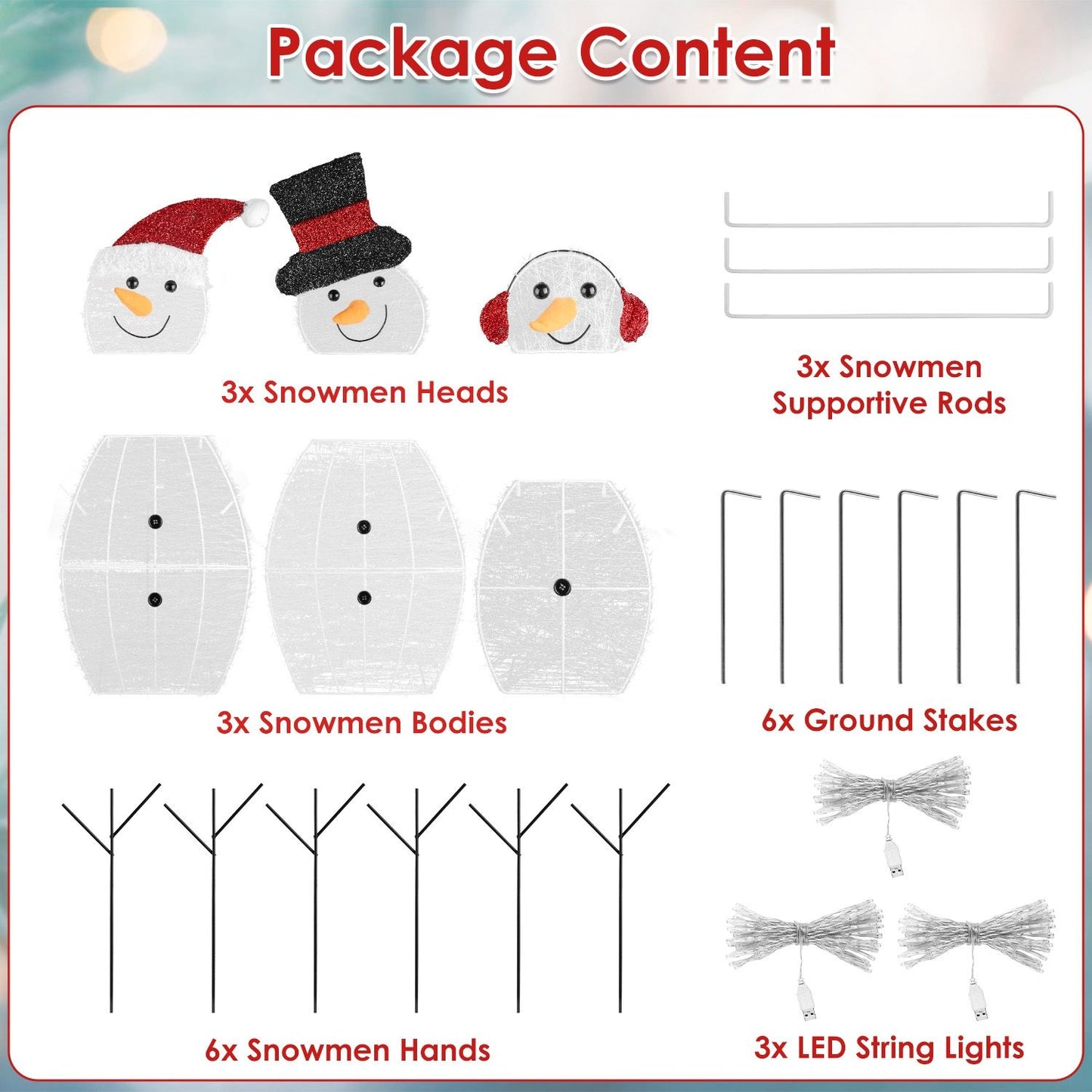 3-Piece Christmas Snowman Family Decorations (Father/Mother/Baby), 2D Plush-Wrapped Metal Frame with 3×9.84ft LED String Lights (30 Beads/Each), USB Powered for Festive Glow