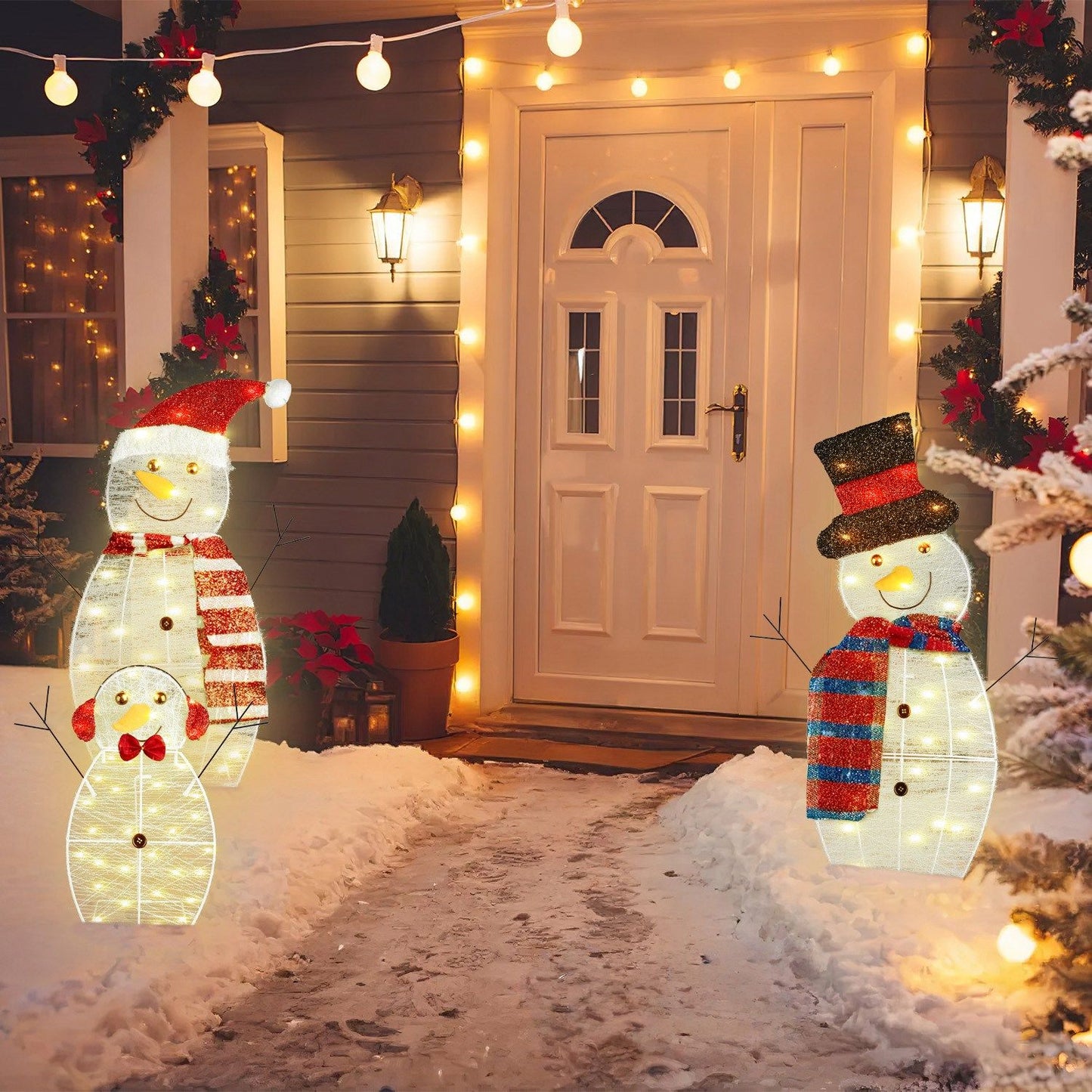 3-Piece Christmas Snowman Family Decorations (Father/Mother/Baby), 2D Plush-Wrapped Metal Frame with 3×9.84ft LED String Lights (30 Beads/Each), USB Powered for Festive Glow