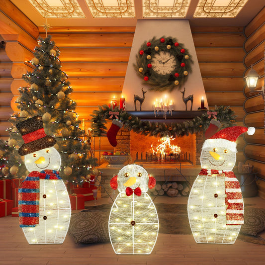 3-Piece Christmas Snowman Family Decorations (Father/Mother/Baby), 2D Plush-Wrapped Metal Frame with 3×9.84ft LED String Lights (30 Beads/Each), USB Powered for Festive Glow