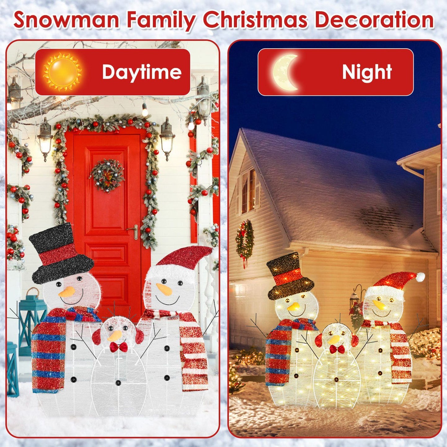 3-Piece Christmas Snowman Family Decorations (Father/Mother/Baby), 2D Plush-Wrapped Metal Frame with 3×9.84ft LED String Lights (30 Beads/Each), USB Powered for Festive Glow