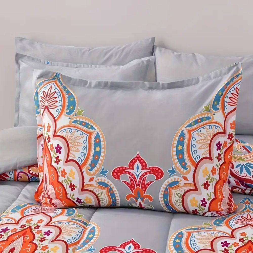 3 Piece King Comforter Set, Boho Pattern, Gray with Rainbow Floral