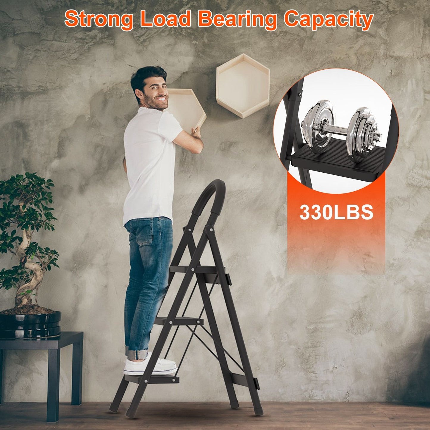 3-Step Folding Ladder, 330lbs Load Capacity, Lightweight 6.94lbs with 1.57in Folding Width, Heavy Duty Steel Construction, Non-Slip Pedals & Feet, Safety Lock, Multi-Use for Home Kitchen Living Room