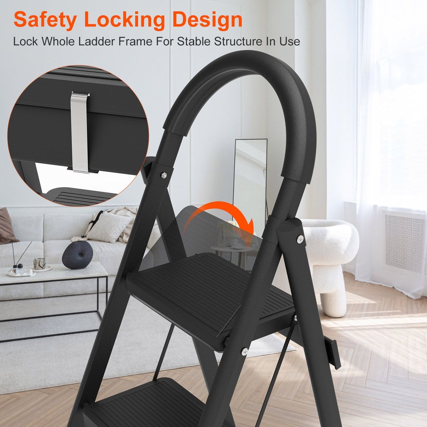 3-Step Folding Ladder, 330lbs Load Capacity, Lightweight 6.94lbs with 1.57in Folding Width, Heavy Duty Steel Construction, Non-Slip Pedals & Feet, Safety Lock, Multi-Use for Home Kitchen Living Room