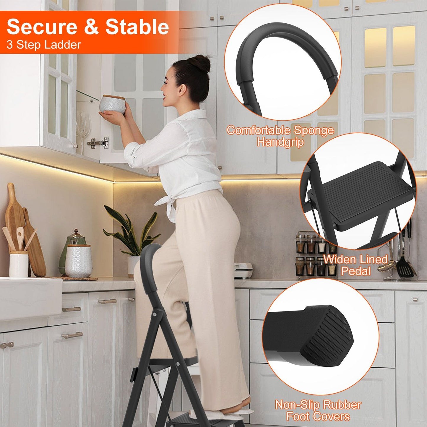 3-Step Folding Ladder, 330lbs Load Capacity, Lightweight 6.94lbs with 1.57in Folding Width, Heavy Duty Steel Construction, Non-Slip Pedals & Feet, Safety Lock, Multi-Use for Home Kitchen Living Room