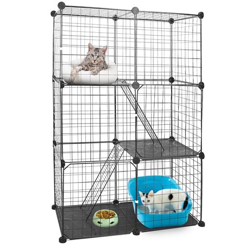 3 Tier Cat Playpen Cage Metal Indoor Cat House Detachable Kitten House with 3 Doors 2 Ladders Large Cat Exercise Place for 1-2 Cats Black