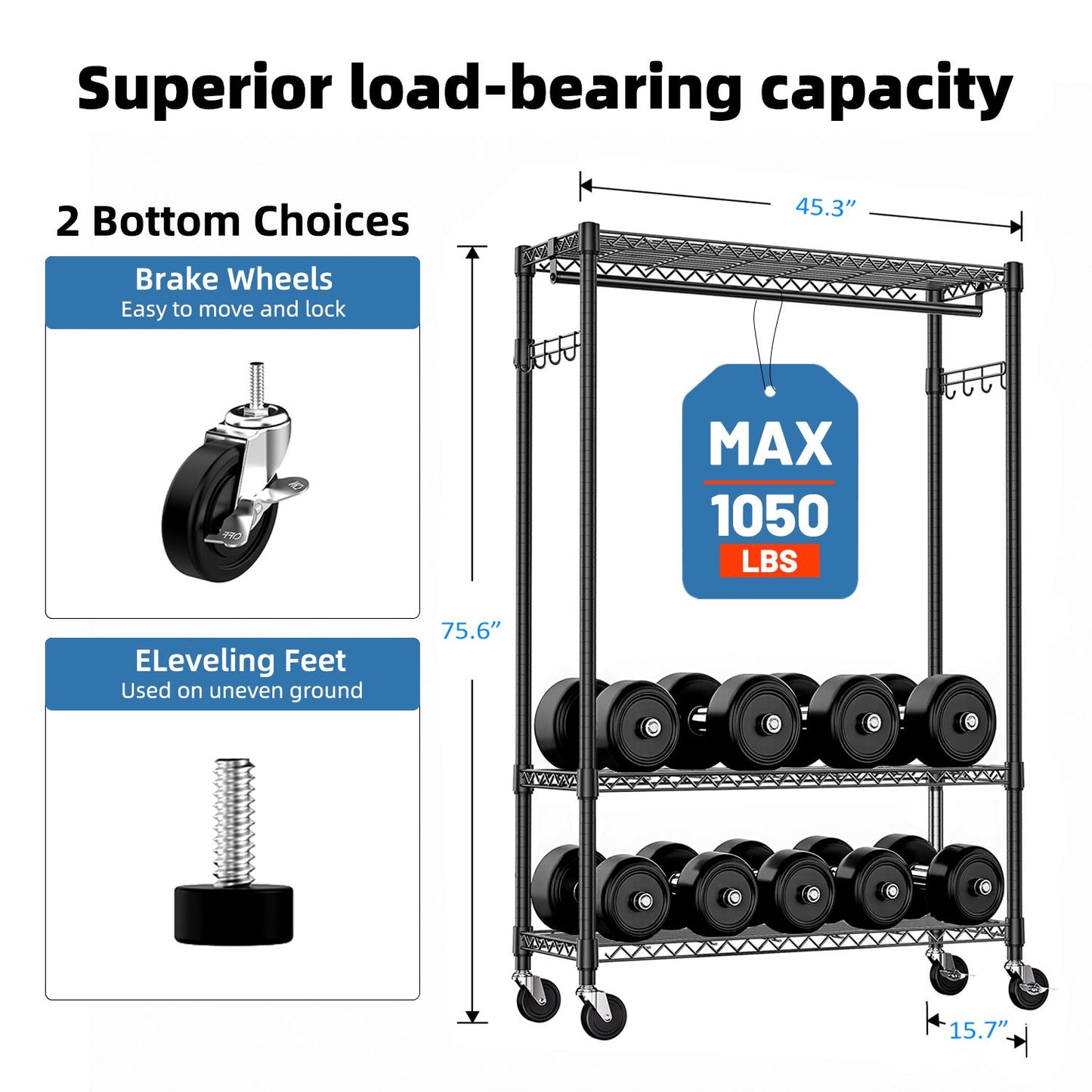 3 Tier Heavy Duty Rolling Garment Rack Wire Clothes Rack for Hanging Clothes, Metal Freestanding Closet Wardrobe with 1 Rods and Wheels Black Chrome 15.7" D x 45.3" W x 75.6" H