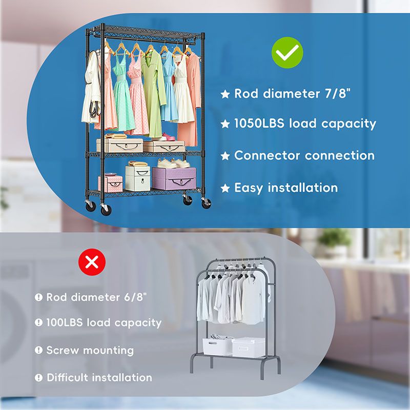3 Tier Heavy Duty Rolling Garment Rack Wire Clothes Rack for Hanging Clothes, Metal Freestanding Closet Wardrobe with 1 Rods and Wheels Black Chrome 15.7" D x 45.3" W x 75.6" H