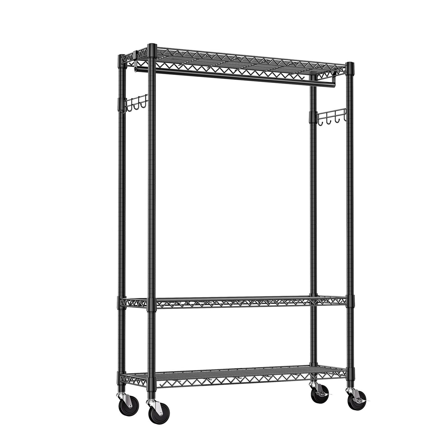3 Tier Heavy Duty Rolling Garment Rack Wire Clothes Rack for Hanging Clothes, Metal Freestanding Closet Wardrobe with 1 Rods and Wheels Black Chrome 15.7" D x 45.3" W x 75.6" H