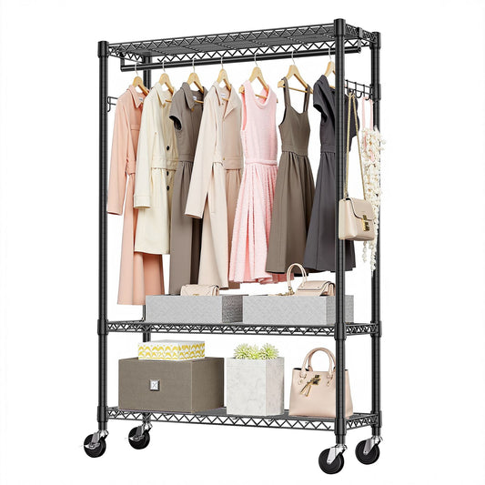 3 Tier Heavy Duty Rolling Garment Rack Wire Clothes Rack for Hanging Clothes, Metal Freestanding Closet Wardrobe with 1 Rods and Wheels Black Chrome 15.7" D x 45.3" W x 75.6" H