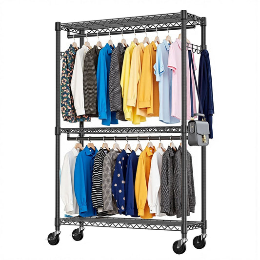 3 Tier Heavy Duty Rolling Garment Rack Wire Clothes Rack for Hanging Clothes, Metal Freestanding Closet Wardrobe with Double Rods and Side Hooks Black 15.7" D x 45.3" W x 79.6" H