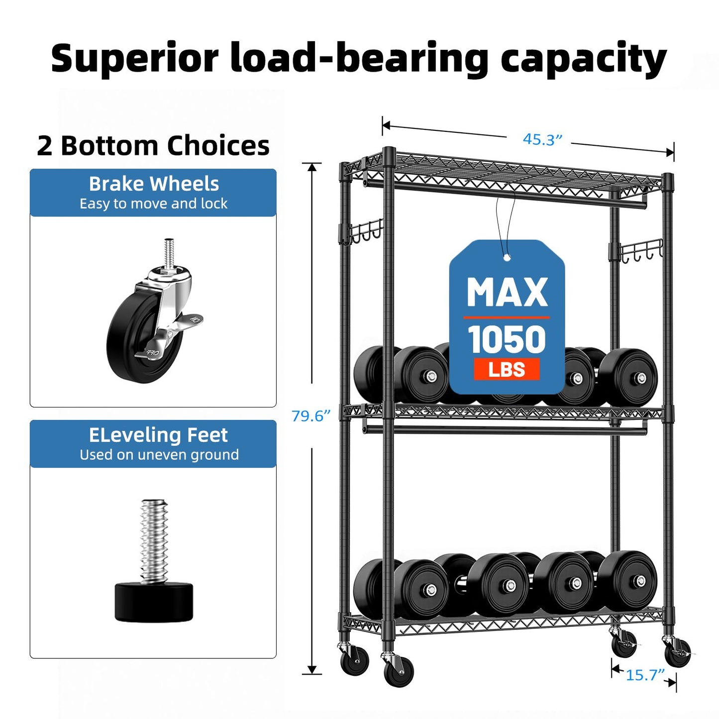 3 Tier Heavy Duty Rolling Garment Rack Wire Clothes Rack for Hanging Clothes, Metal Freestanding Closet Wardrobe with Double Rods and Side Hooks Black 15.7" D x 45.3" W x 79.6" H