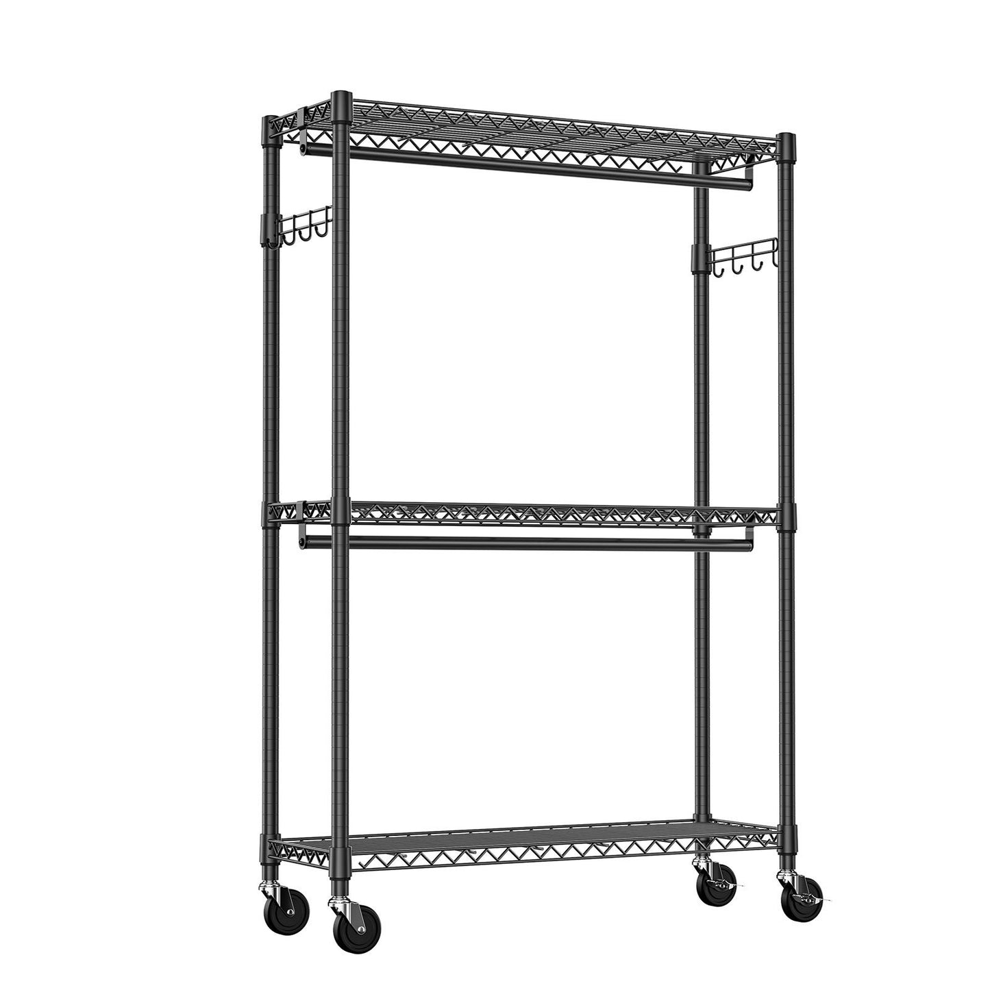 3 Tier Heavy Duty Rolling Garment Rack Wire Clothes Rack for Hanging Clothes, Metal Freestanding Closet Wardrobe with Double Rods and Side Hooks Black 15.7" D x 45.3" W x 79.6" H