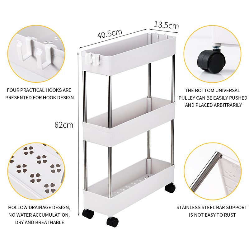 3 Tier Slim Storage Cart Mobile Shelving Unit Organizer Slide Out Storage Rolling Utility Cart Tower Rack for Kitchen Bathroom Laundry Narrow Places, Plastic & Stainless Steel, White