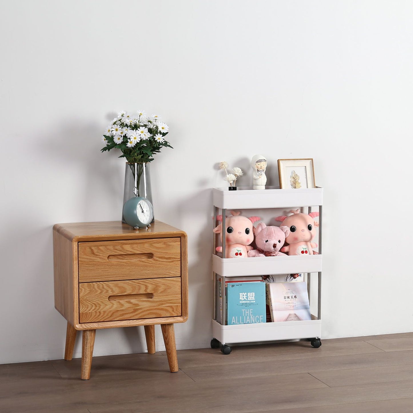 3 Tier Slim Storage Cart Mobile Shelving Unit Organizer Slide Out Storage Rolling Utility Cart Tower Rack for Kitchen Bathroom Laundry Narrow Places, Plastic & Stainless Steel, White