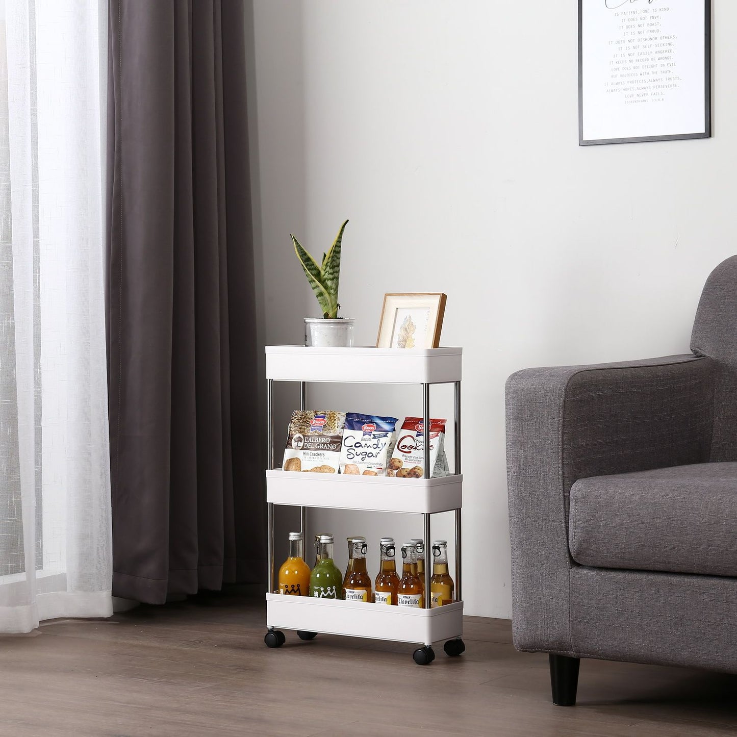 3 Tier Slim Storage Cart Mobile Shelving Unit Organizer Slide Out Storage Rolling Utility Cart Tower Rack for Kitchen Bathroom Laundry Narrow Places, Plastic & Stainless Steel, White