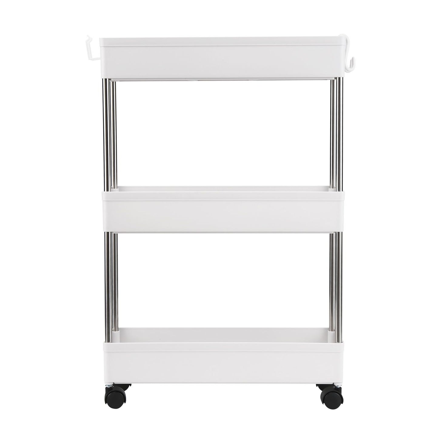 3 Tier Slim Storage Cart Mobile Shelving Unit Organizer Slide Out Storage Rolling Utility Cart Tower Rack for Kitchen Bathroom Laundry Narrow Places, Plastic & Stainless Steel, White