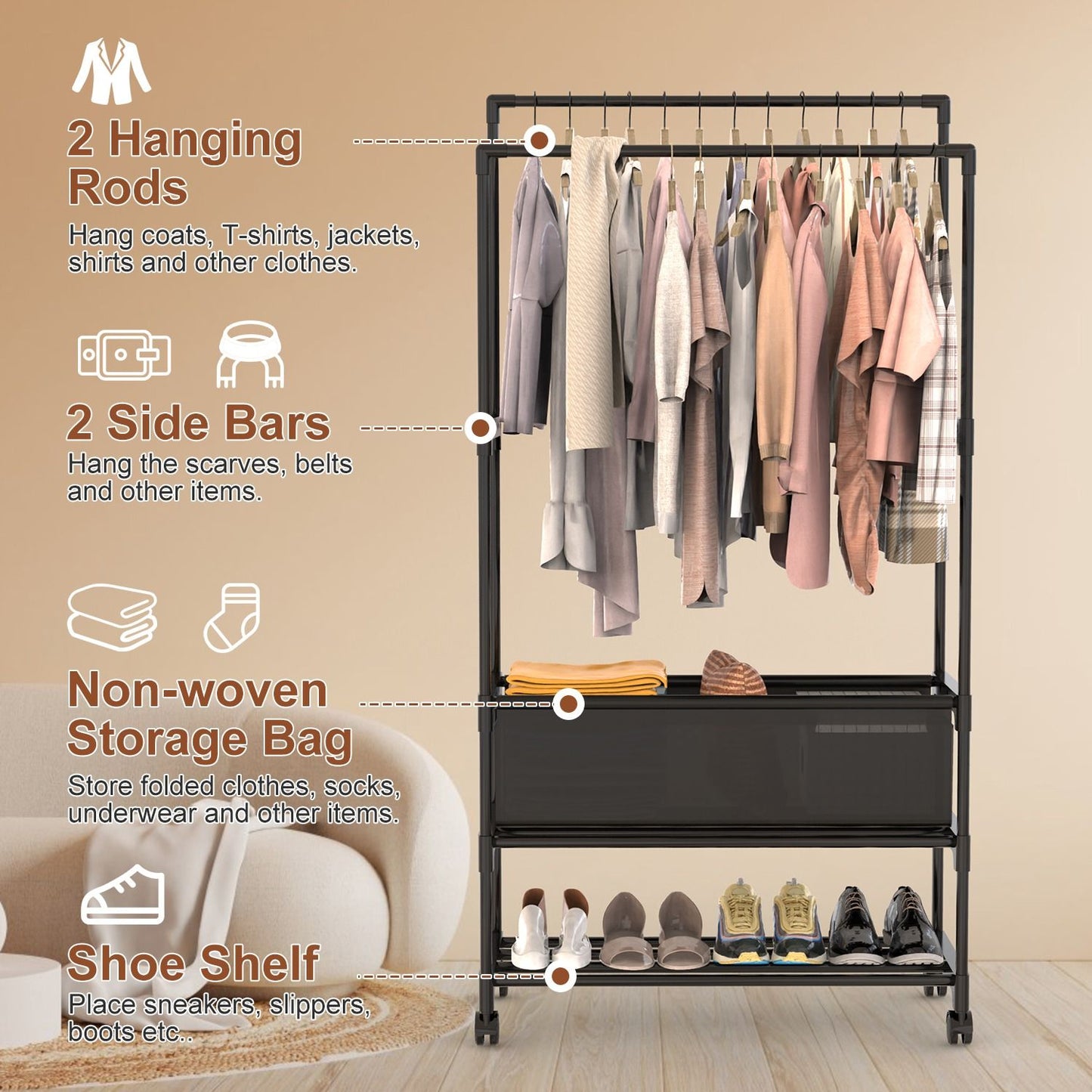 3 Tiered Portable Clothing Rack For Bedroom Entryway Double Hanging Rods Sturdy Iron Garment Rack With Double Hanging Rods Adjustable Storage Bag Quiet Wheels