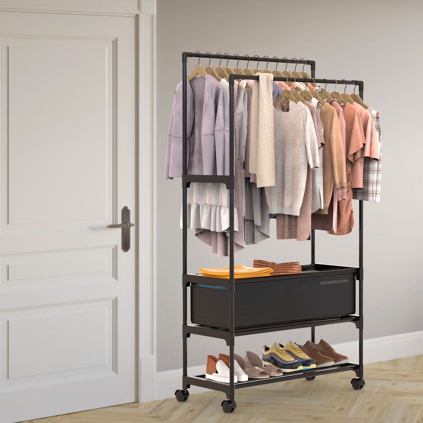 3 Tiered Portable Clothing Rack For Bedroom Entryway Double Hanging Rods Sturdy Iron Garment Rack With Double Hanging Rods Adjustable Storage Bag Quiet Wheels