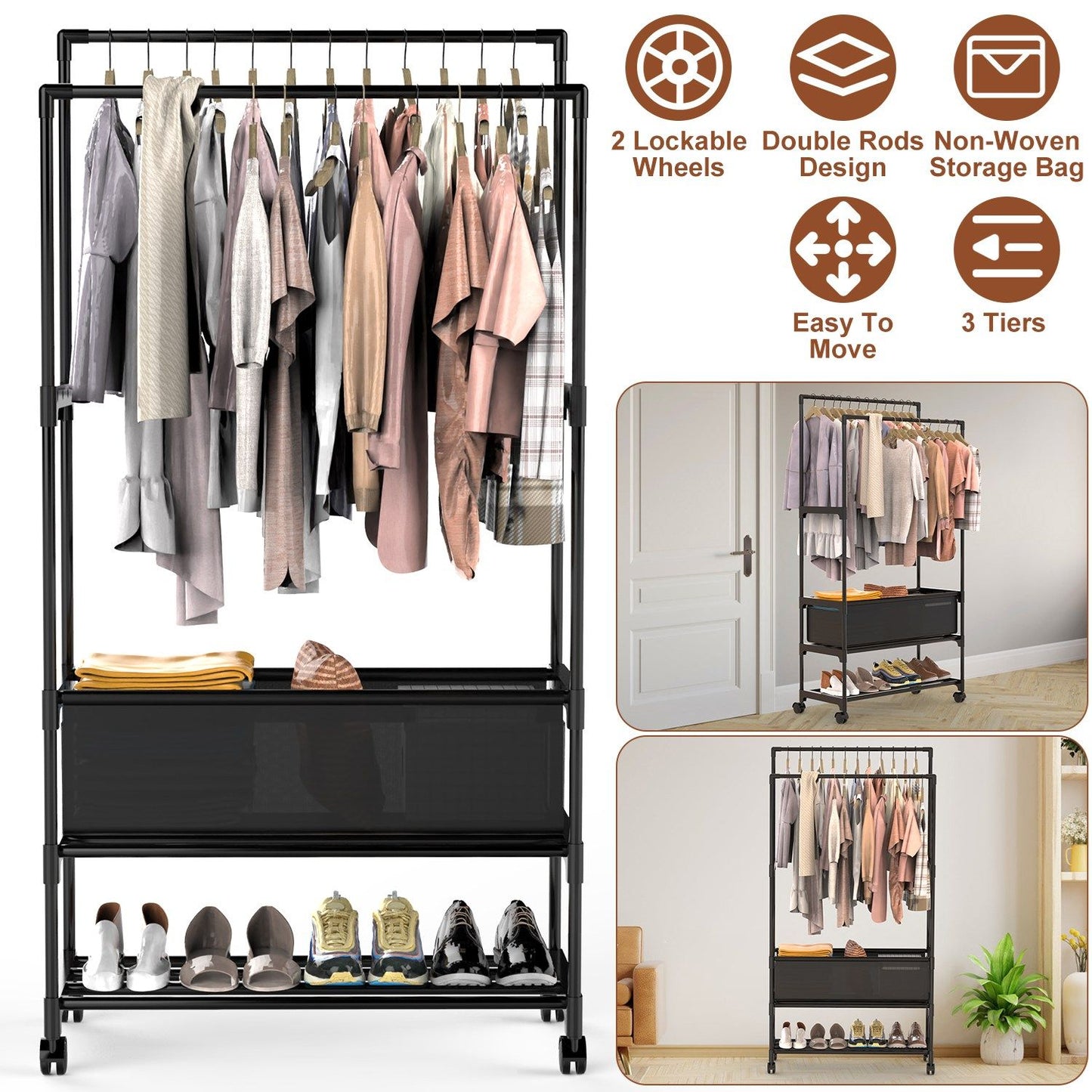 3 Tiered Portable Clothing Rack For Bedroom Entryway Double Hanging Rods Sturdy Iron Garment Rack With Double Hanging Rods Adjustable Storage Bag Quiet Wheels