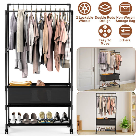 3 Tiered Portable Clothing Rack For Bedroom Entryway Double Hanging Rods Sturdy Iron Garment Rack With Double Hanging Rods Adjustable Storage Bag Quiet Wheels