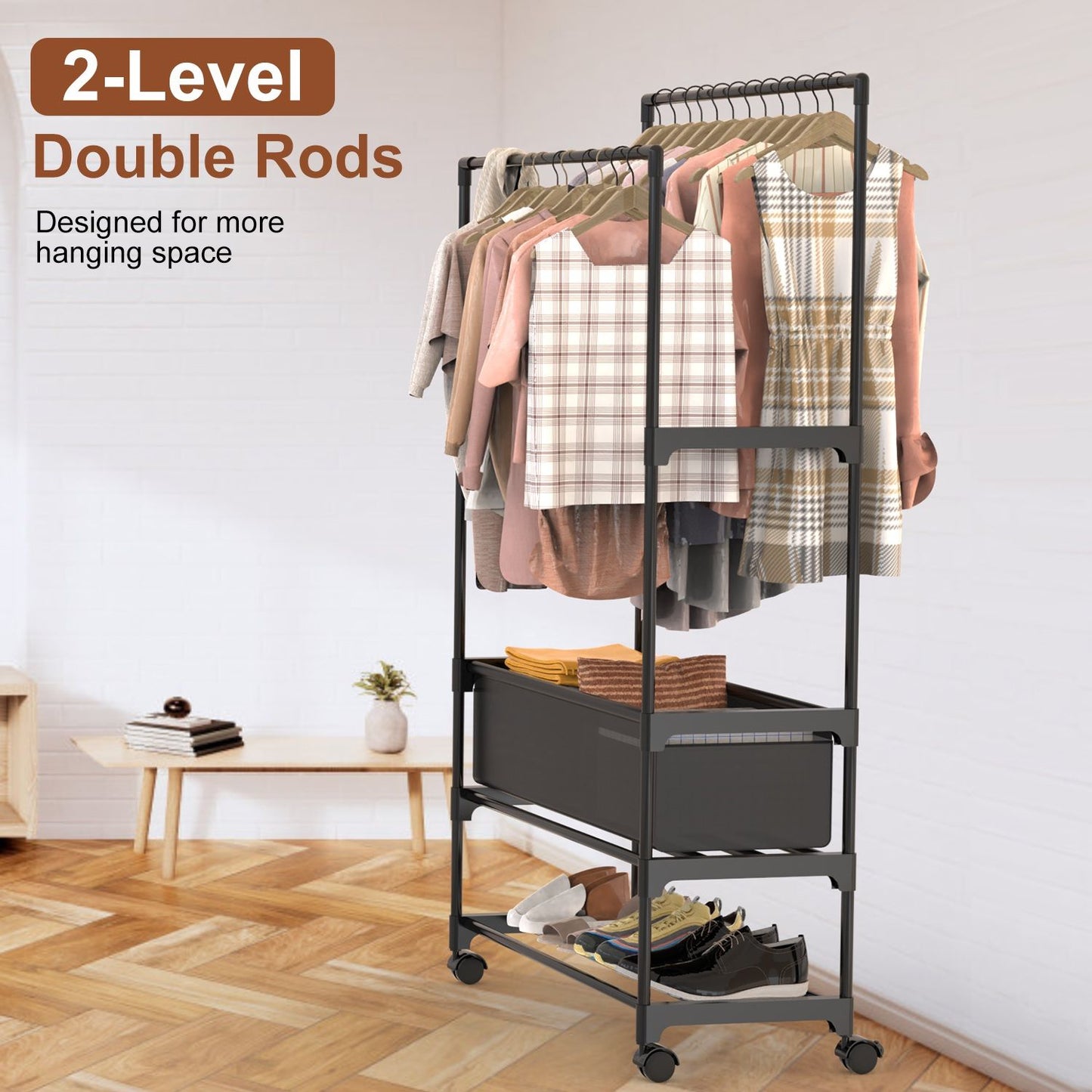 3 Tiered Portable Clothing Rack For Bedroom Entryway Double Hanging Rods Sturdy Iron Garment Rack With Double Hanging Rods Adjustable Storage Bag Quiet Wheels