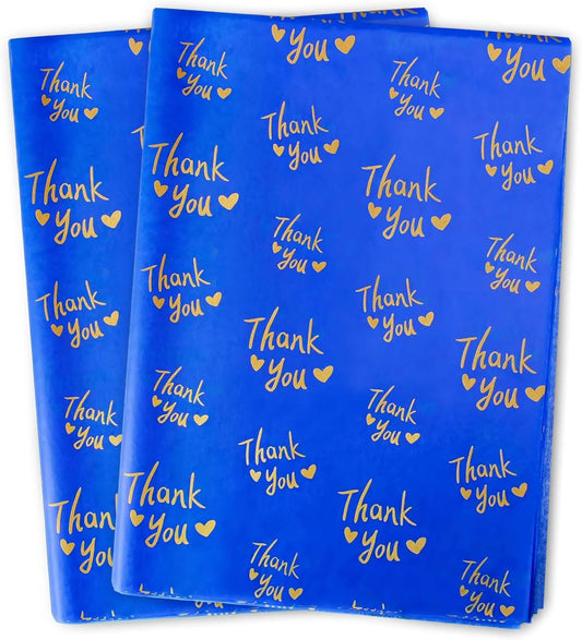 30 Sheets 20" x 28" Blue Gold Thank You Tissue Paper Bulk, Navy Blue Thank You Tissue Paper for Packaging, Gift Bags, Gift Wrapping Tissue for Graduation, Birthday, Thanksgiving