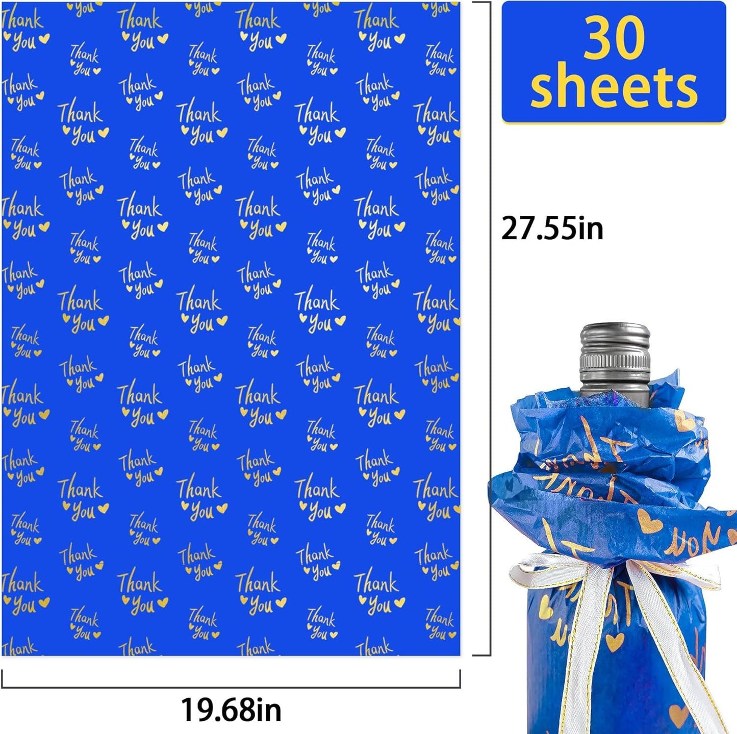 30 Sheets 20" x 28" Blue Gold Thank You Tissue Paper Bulk, Navy Blue Thank You Tissue Paper for Packaging, Gift Bags, Gift Wrapping Tissue for Graduation, Birthday, Thanksgiving